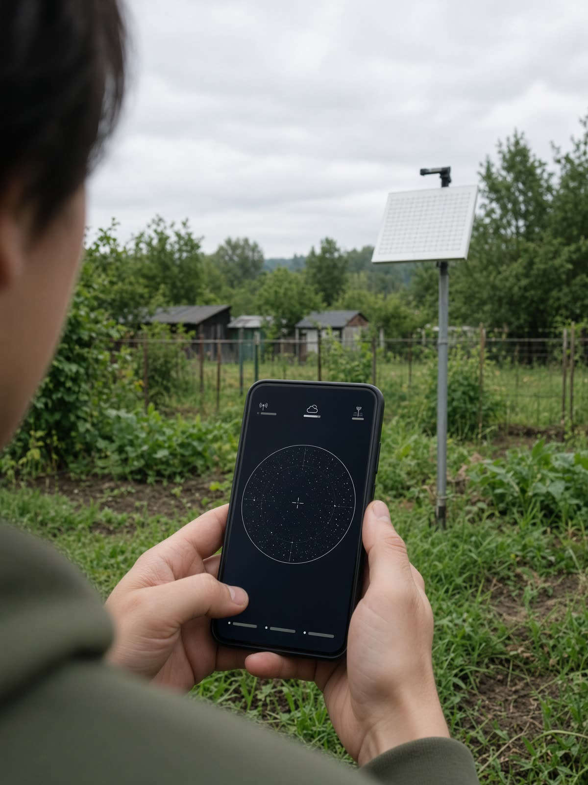 Aplikacja Starlink na telefonie, w tle antena na działce